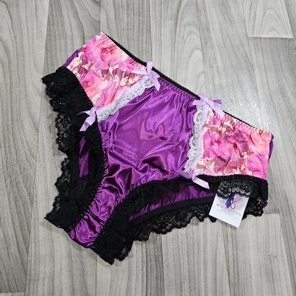 Purple Satin Brief Panties with Lace Trim by Space Kitten Boutique, Size 1X - Picture 1 of 5